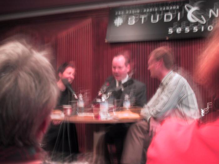A very blurry Douglas Coupland at an interview for CBC Radio One.